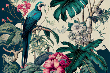 Fototapeta Exotic tropical pattern with parrots and flowers in toile de jouy style, generative AI obraz