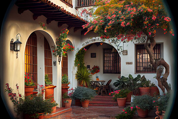 Fototapeta na wymiar Traditional spanish style patio with lots of plants, generative AI