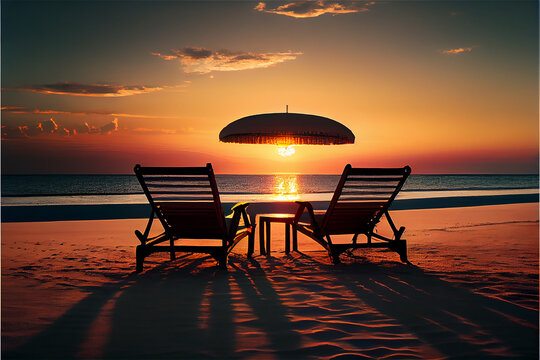 Sunset at the beach with two hammocks oriented to the setting sun, ideal for romantic holiday backgrounds, generative AI