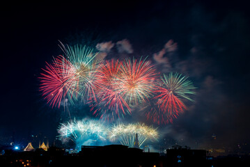 Celebration Happy new year 2023,  Beautiful firework display at Wat Arun for Bangkok Thailand Countdown Beautiful backdrop and lighting of famous Bangkok landmark, Thailand