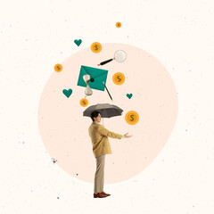 Contemporary art collage. Conceptual design. Young, ambitious man, employee standing under umbrella...