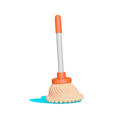 Floor mop and water 3d icon. Isolated object on a transparent background