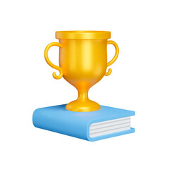 Cup on a book 3d icon. The reward for knowledge. intellectual competitions. Isolated object on a transparent background