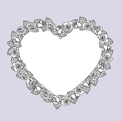 Black and white linear drawing of heart frame with roses wreath