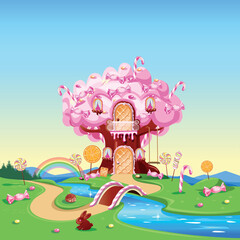 Sweet house with chocolate, waffles and cookies, decorated with sweets in candy land. Fairy tale background with gingerbread house in cartoon style vector illustration.