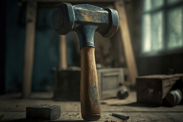 An ancient iron hammer which is placed on the wooden workbench in the crafting room. Industrial equipment object, generative Ai image.
