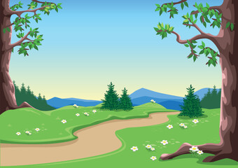 Path through a fairy tale forest with big old trees and a flowering meadow. Vector illustration of beautiful nature.