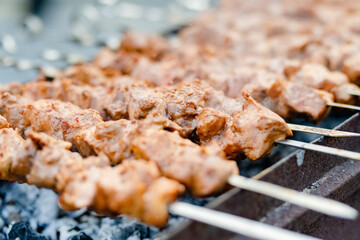 Chicken kabobs grilled on metal skewers outdoors