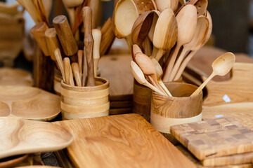 Wooden kitchenware and decorations sold on Easter market in Vilnius - obrazy, fototapety, plakaty