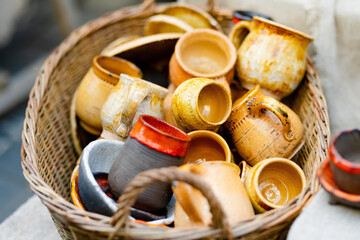 Ceramic dishes, tableware and jugs sold on Easter market in Vilnius