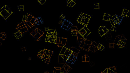 Rotating multicolored contour cubes on black background. Geometric shapes. Abstract festive backdrop for advertise text, Valentine, Christmas. 3D render