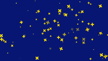 Rotating yellow crosses on blue background. Mother Day, Father Day, Valentine Day, wedding, Christmas, Birthday festive background. 3D render