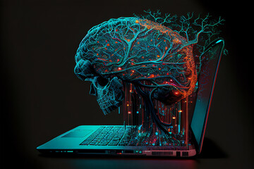 Digital brain neural network with skull projecting from a computer laptop showing the threat of  artificial intelligence and machine learning, computer Generative AI stock illustration image - obrazy, fototapety, plakaty