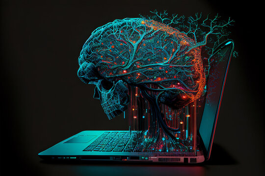 Digital brain neural network with skull projecting from a computer laptop showing the threat of  artificial intelligence and machine learning, computer Generative AI stock illustration image
