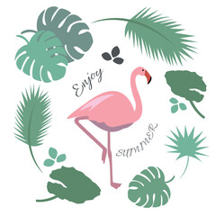 Pink flamingo vector flat illustration with tropical leaves. Bright exotic print. Enjoy summer