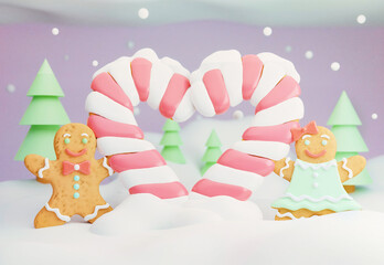 Two gingerbread in love.Winter landscape wallpaper. Trendy cartoon 3D illustration