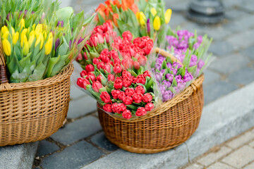 Obraz na płótnie Canvas Beautiful colorful tulips sold in outdoor flower shop