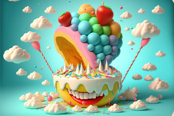 birthday party cake with smiling razor-sharp teeth with vivde background colors , use it as a background or greating smiling razor-sharp teeth  generative ai