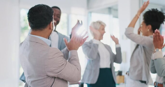 High five, team and support with business people and success, celebrate winning and solidarity with teamwork. Diversity, celebration and collaboration with happy employee group, applause and winner.