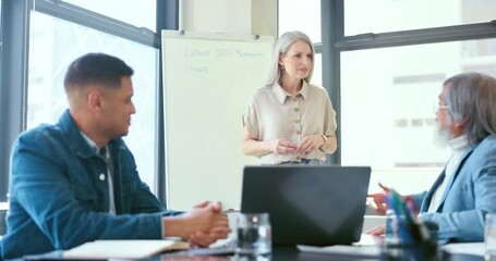 Presentation communication, diversity and senior speaker at business meeting talking about financial sales strategy. Ceo project management, teamwork collaboration or leader planning ecommerce plan