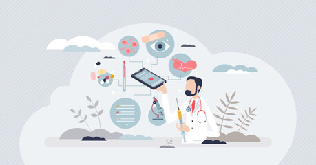 Health tech and technology usage as medical innovation tiny person concept. Patient diagnostics, treatment, analysis or medicine information service using smart mobile application. Distant doctor help