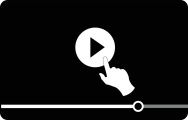 Multimedia video player shape with a hand cursor pressing a play button, broadcasting pictogram vector illustration