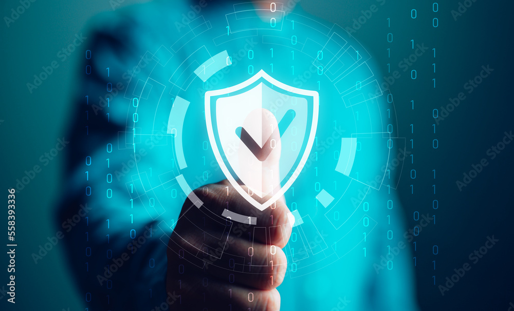 Poster Man thump up with shield icon, cybersecurity concept Global network security technology, business people protect personal information. Encryption with a shield icon on the virtual interface.
