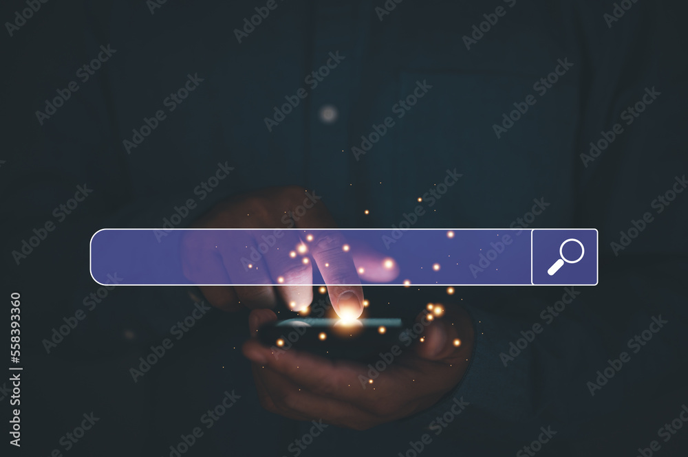 Leinwandbilder Businessman use smart phone Search On Virtual Screen Data Search Technology Search Engine Optimization. Searching for information. Using Search Console for data, info.