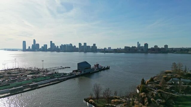 Aerial footage of New Jersey, Pier 55 Park, Little Island in NYC, Manhattan USA