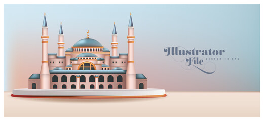 Cartoon Style 3D mosque. Ramadan Kareem. Cuma Mubarak.