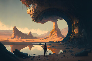 martian fantasy landscape, red planet, space, art illustration