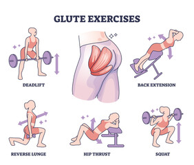 Glute exercises with body buttocks sport training examples outline diagram. Labeled educational butt fitness with deadlift, back extension, squat, hip thrust and lunge workout vector illustration. - obrazy, fototapety, plakaty