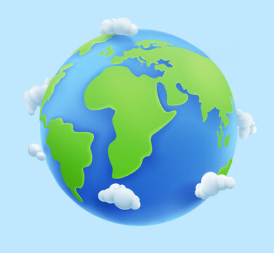 Earth's ecosystem with atmosphere, water and clouds surrounding the planet. 3d vector design.