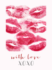 Romantic print with lips and text. Realistic lipstick print isolated on white. Modern postcard for romantic occasions. Trendy vector design for Valentines Day or wedding.
