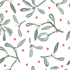 Mistletoe branches and cute hearts vector seamless pattern. White mistletoe Christmas or Valentine day background for fabric, wallpaper, packaging, textile, web design
