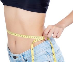 Closeup asian woman diet and slim with measuring waist for weight, girl have cellulite and calories loss with tape measure, health and wellness concept.