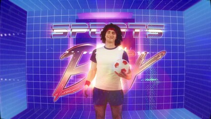 Nerdy guy from 80s posing with football ball on retro background, glitch effect - Powered by Adobe