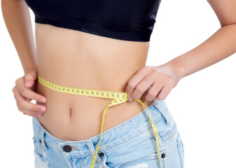 Closeup asian woman diet and slim with measuring waist for weight, girl have cellulite and calories loss with tape measure, health and wellness concept.