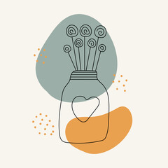 Postcard, line icon, jar with heart, candies, spots and dots. Valentine's day elements and wedding doodles. Design for prints, postcards, coloring books, prints.