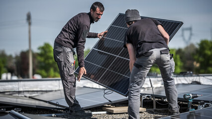 Male team engineers installing stand-alone solar photovoltaic panel system. Electricians mounting blue solar module on roof of company. Alternative energy concept