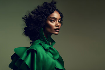 Fashion portrait. Black woman wearing green high fashion clothing. Generative ai - obrazy, fototapety, plakaty