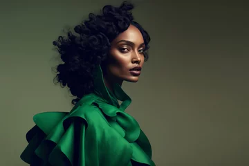 Poster Fashion portrait. Black woman wearing green high fashion clothing. Generative ai © ink drop