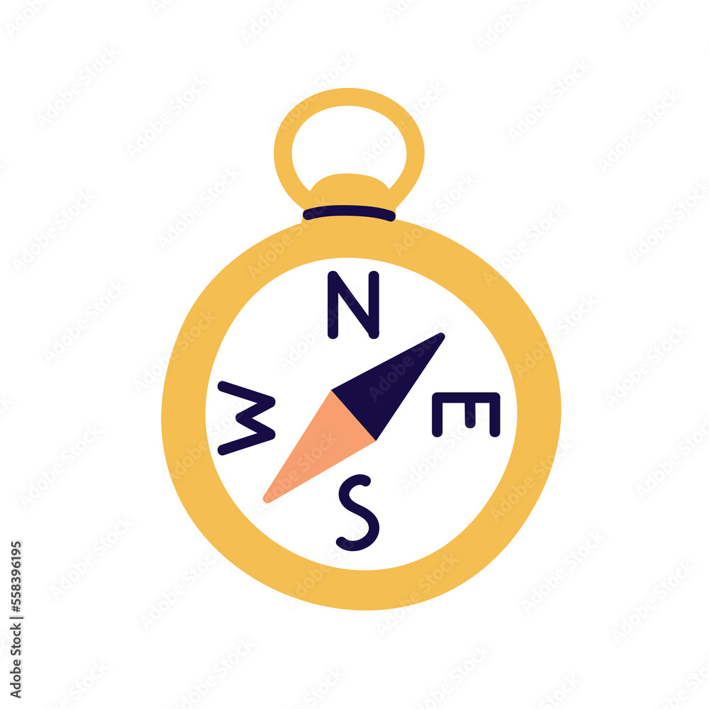 Poster compass, magnetic arrow pointing south-west. geography tool for orientation, navigation. touristic n