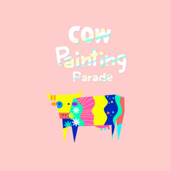 Vector illustration of the cow parade isolated on pink background. The cow painting festival