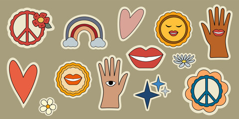 Groovy hippie 70s stickers collection. Hands up with eye and lips Funny cartoon flowers, rainbow, peace, hearts, daisy Trendy retro psychedelic cartoon style. Vector illustration. Isolated