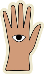 Hands up with eye Groovy hippie 70s sticker Cartoon style