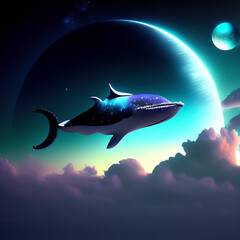 Fototapeta premium Whale in the sky, Abstract night fantasy landscape with an planet ,an unreal world, a fish, Reflection of moon light, water, depths of the sea. 3D. Ai generated image.
