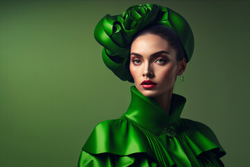 Fashion portrait. caucasian woman wearing green high fashion clothing. Generative ai