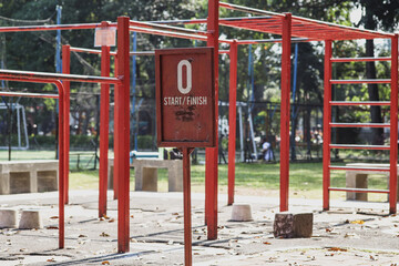 Fototapeta na wymiar Outdoor sports ground. Free exercise equipment in public places.