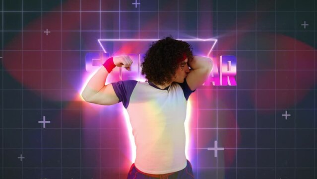 Funny guy kissing his biceps on 80s background, super star, fitness buff